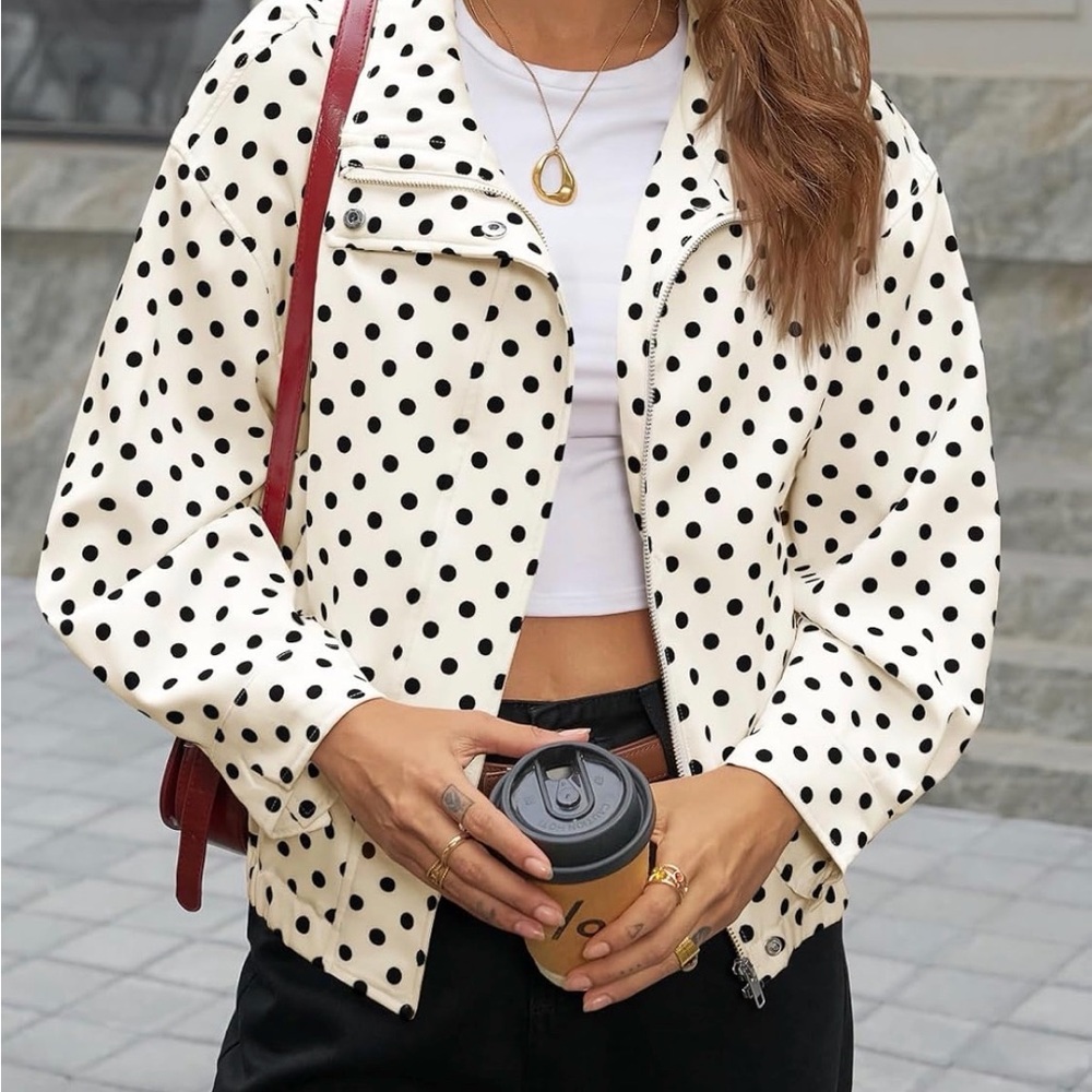 Polka Dot Funnel Neck Bomber Jacket - Cream/Black - Picture 3 of 4